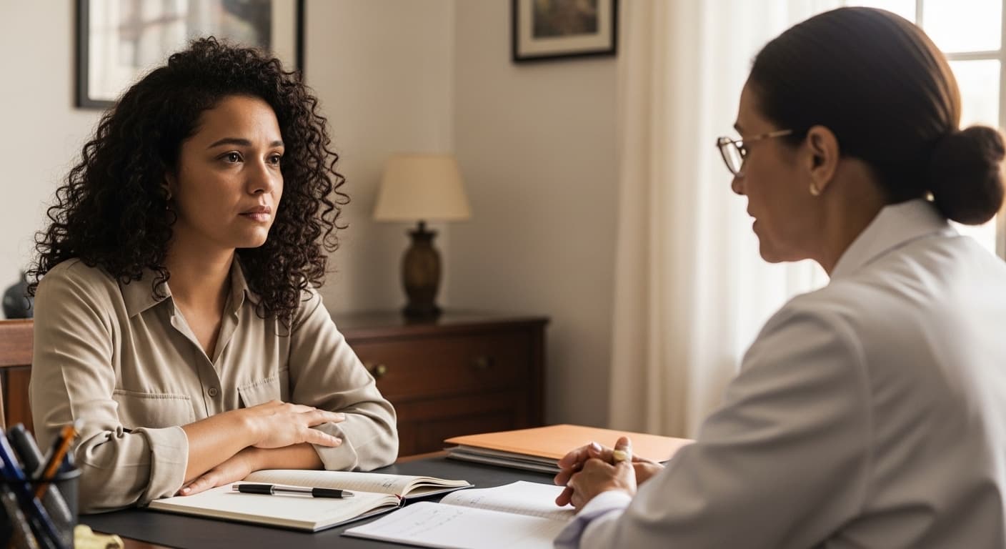 Trabalhadora exausta em consultório psiquiátrico durante avaliação de nexo entre depressão e trabalho. Trabalhadora exausta em consultório psiquiátrico durante avaliação de nexo entre depressão e trabalho.