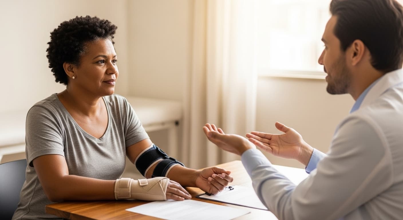 Trabalhadora com lesão no punho conversa com médica em consultório durante avaliação de doença ocupacional. Trabalhadora com lesão no punho conversa com médica em consultório durante avaliação de doença ocupacional.