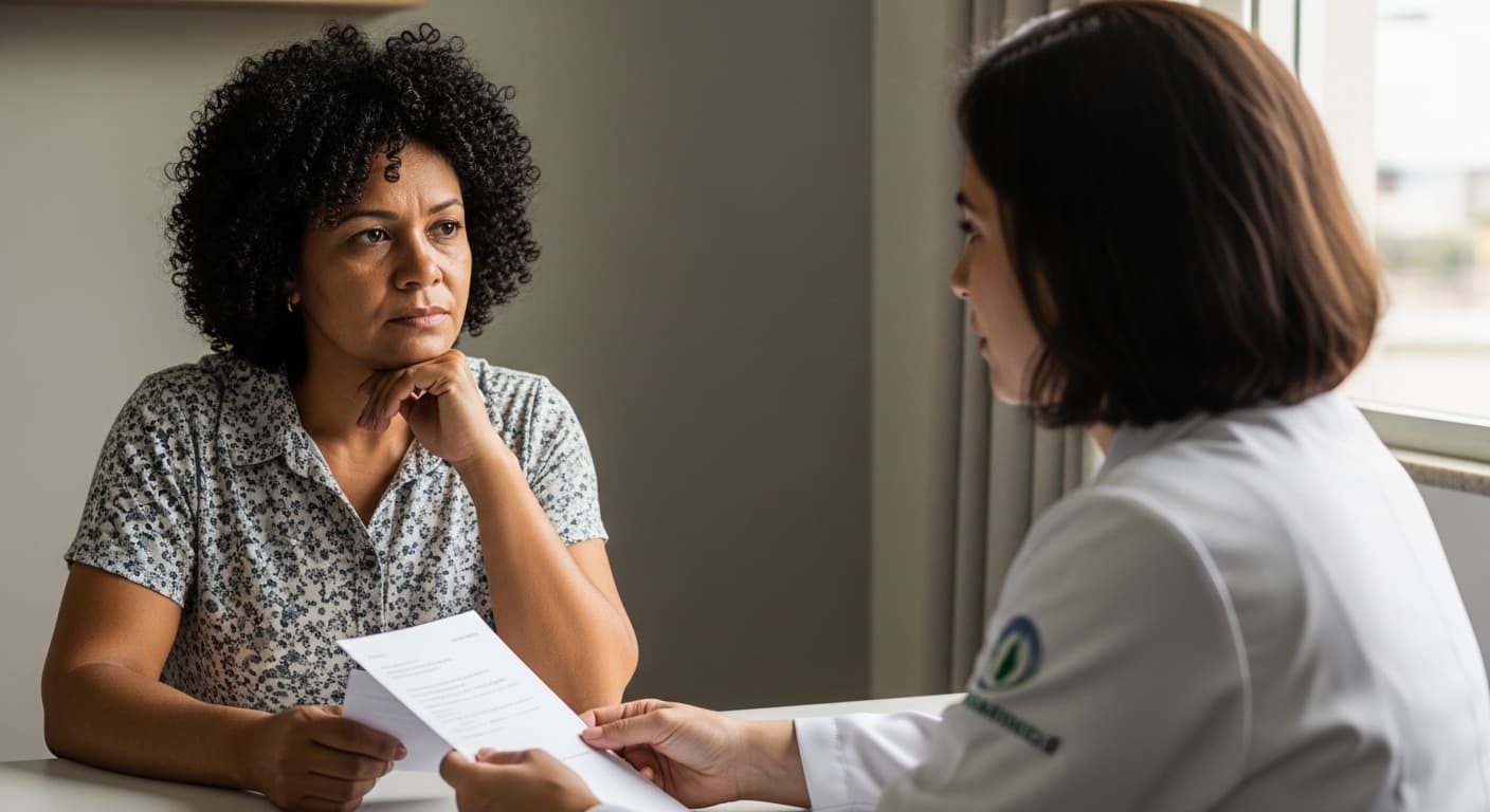 Paciente brasileira conversa com médica em consultório, segurando documento sobre auxílio-doença do INSS. Paciente brasileira conversa com médica em consultório, segurando documento sobre auxílio-doença do INSS.