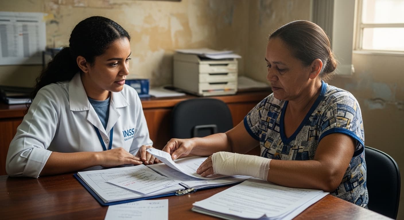 Empregada doméstica com o punho enfaixado revisa documentos médicos em agência do INSS, orientada por atendente. Empregada doméstica com o punho enfaixado revisa documentos médicos em agência do INSS, orientada por atendente.