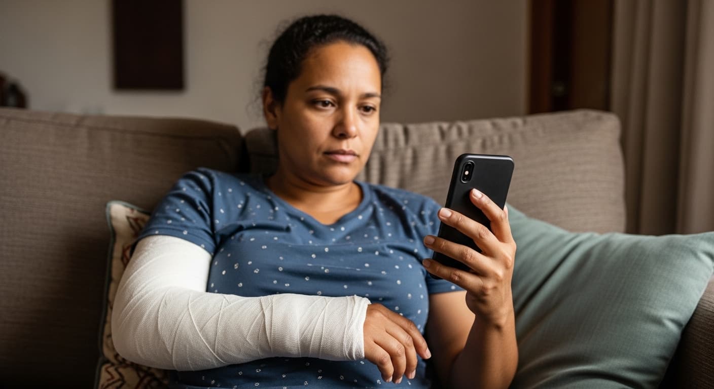 Mulher com o antebraço engessado após fratura, descansando no sofá enquanto consulta o aplicativo Meu INSS no celular. Mulher com o antebraço engessado após fratura, descansando no sofá enquanto consulta o aplicativo Meu INSS no celular.