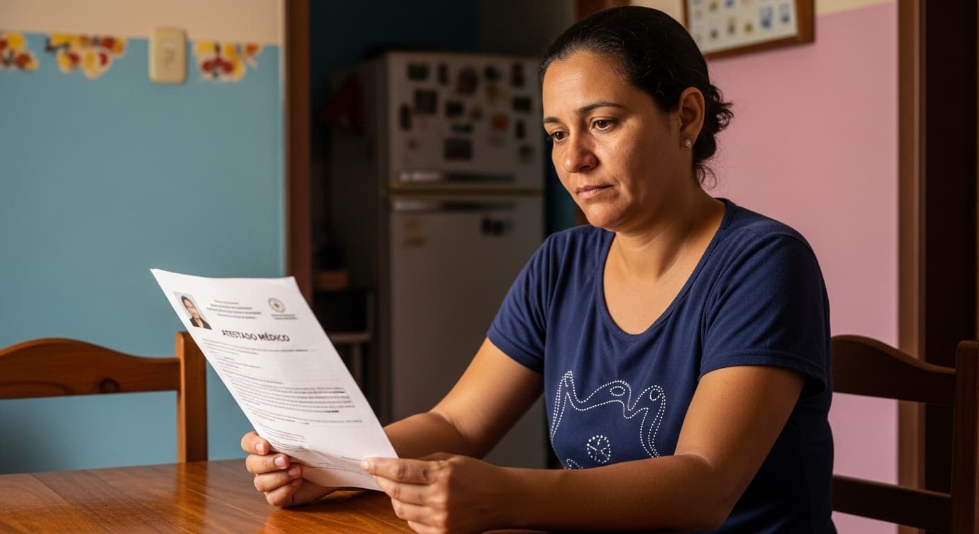 Trabalhadora pensativa segura um atestado médico em casa, refletindo sobre os próximos passos do afastamento. Trabalhadora pensativa segura um atestado médico em casa, refletindo sobre os próximos passos do afastamento.