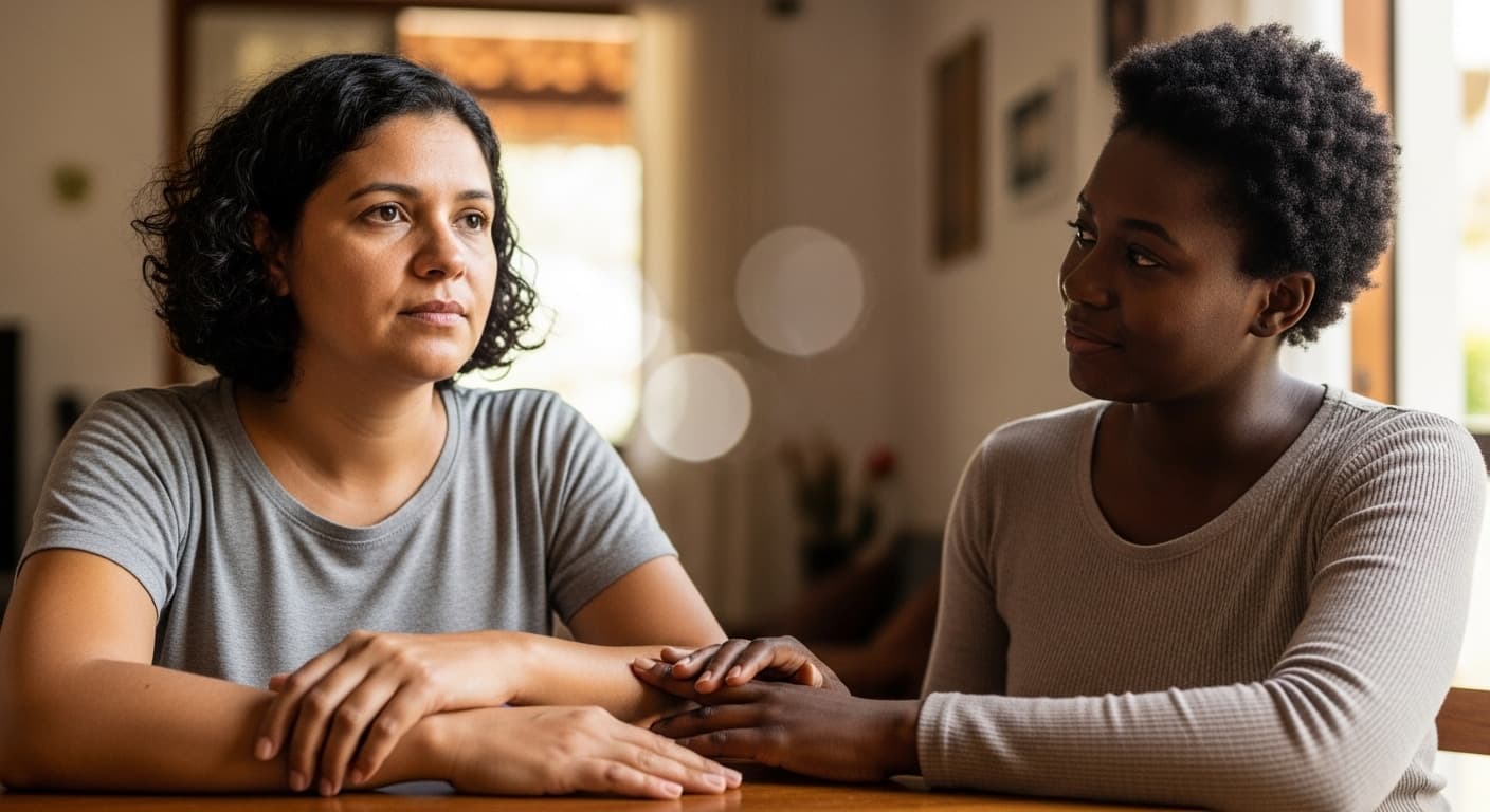 Mulher recém-demitida e adoecida conversa com uma amiga em casa, recebendo apoio sobre seus direitos no INSS. Mulher recém-demitida e adoecida conversa com uma amiga em casa, recebendo apoio sobre seus direitos no INSS.