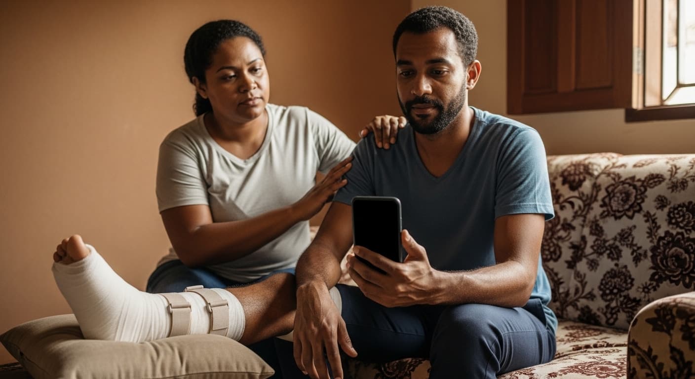 Trabalhador informal de pele parda com a perna imobilizada após acidente consulta o app Meu INSS em casa. Trabalhador informal de pele parda com a perna imobilizada após acidente consulta o app Meu INSS em casa.