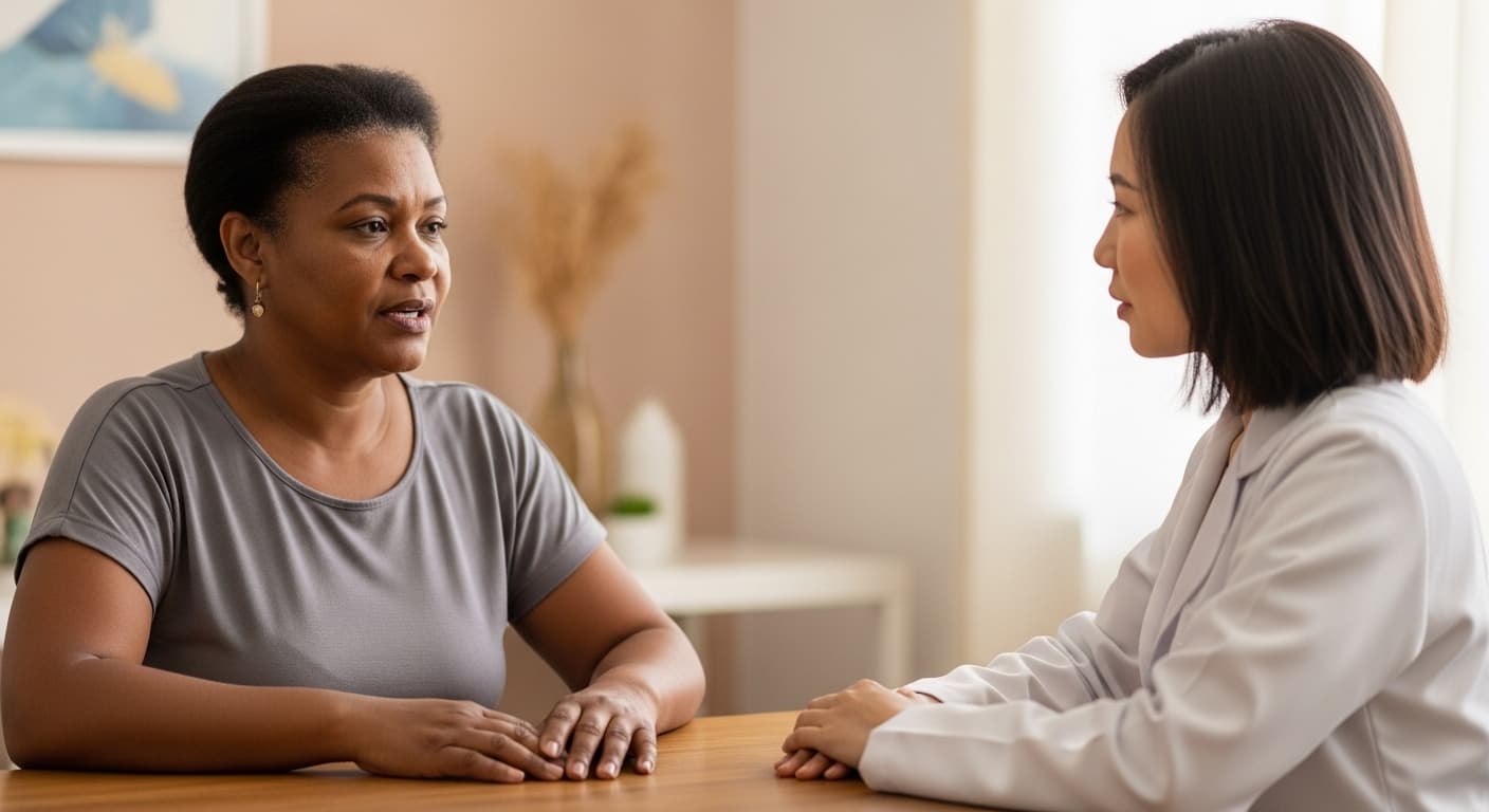Trabalhadora conversa com profissional de saúde sobre doença relacionada ao trabalho em consultório. Trabalhadora conversa com profissional de saúde sobre doença relacionada ao trabalho em consultório.