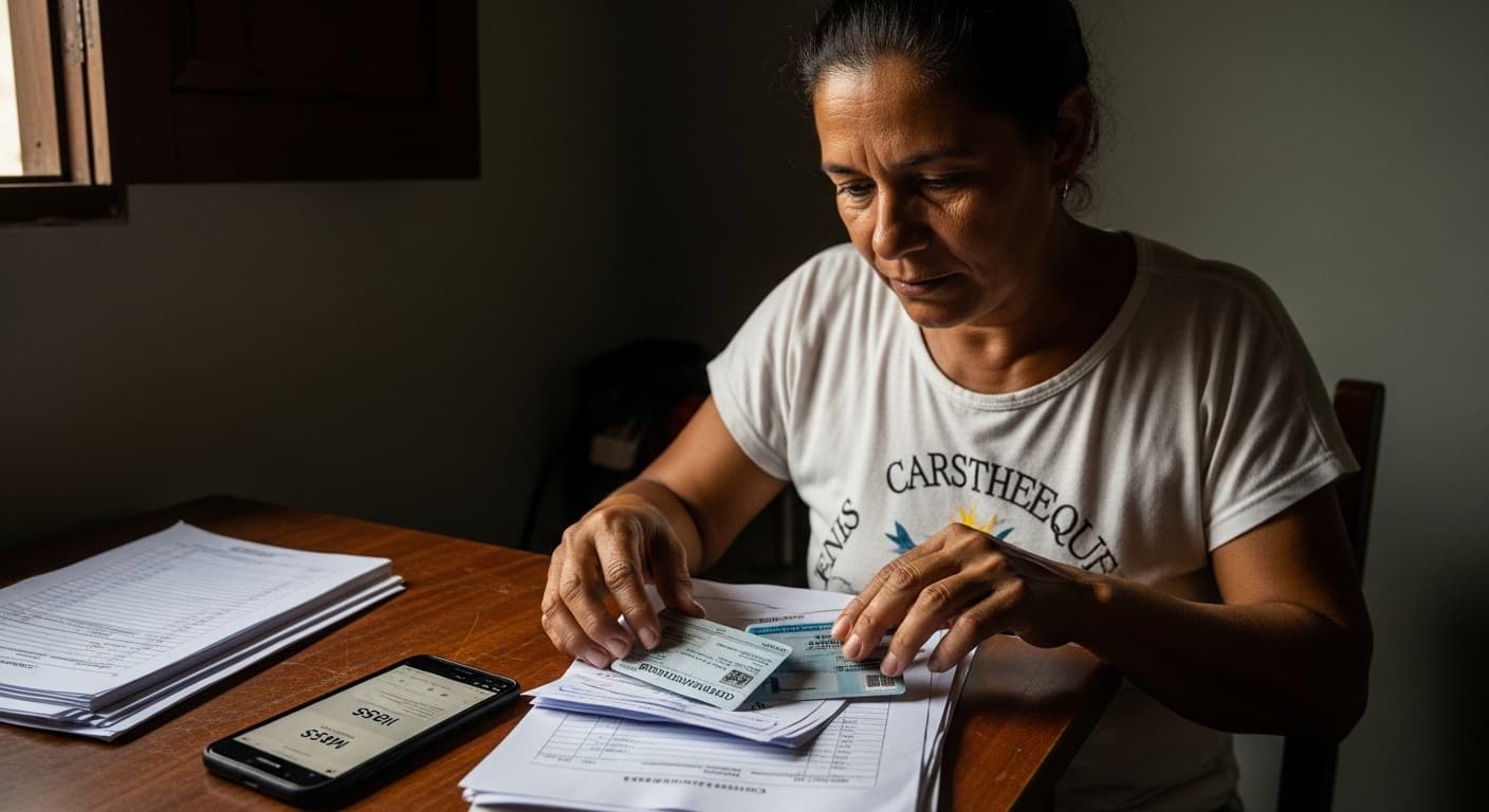 Empregada doméstica revisa documentos e contracheques em casa para conferir o recolhimento do INSS pelo patrão. Empregada doméstica revisa documentos e contracheques em casa para conferir o recolhimento do INSS pelo patrão.