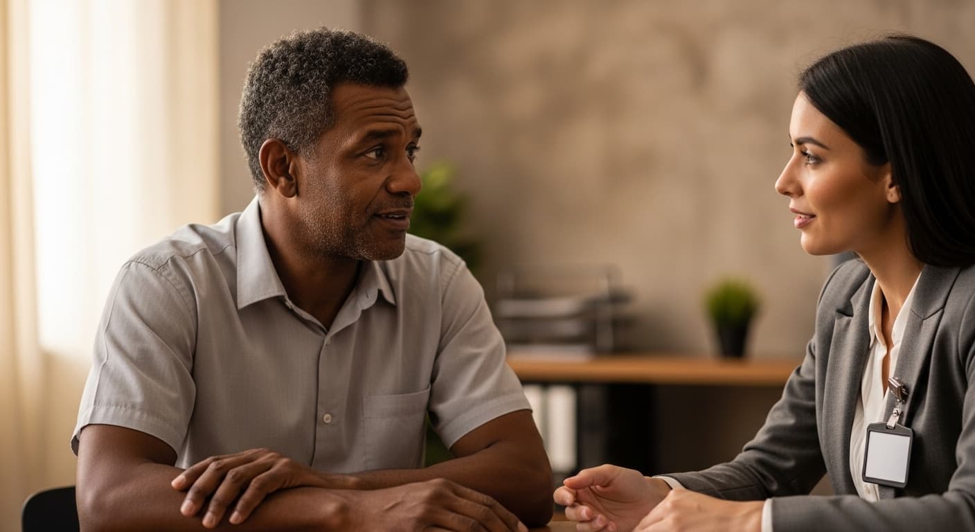 Trabalhador conversa com atendente sobre recurso ao INSS após a perícia negar o nexo com o trabalho. Trabalhador conversa com atendente sobre recurso ao INSS após a perícia negar o nexo com o trabalho.