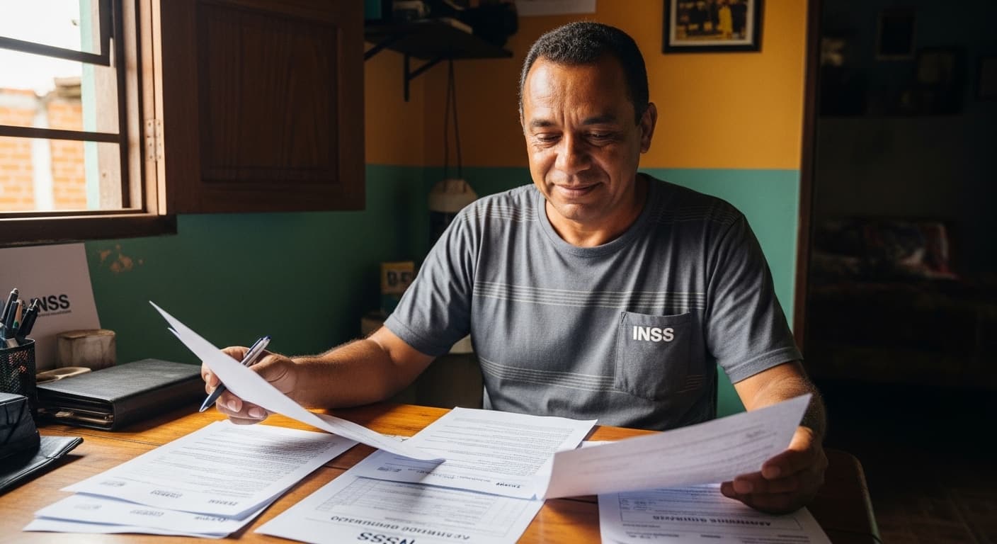 Trabalhador segurado revisa documentos do INSS e o extrato de contribuição sobre a mesa, em casa. Trabalhador segurado revisa documentos do INSS e o extrato de contribuição sobre a mesa, em casa.