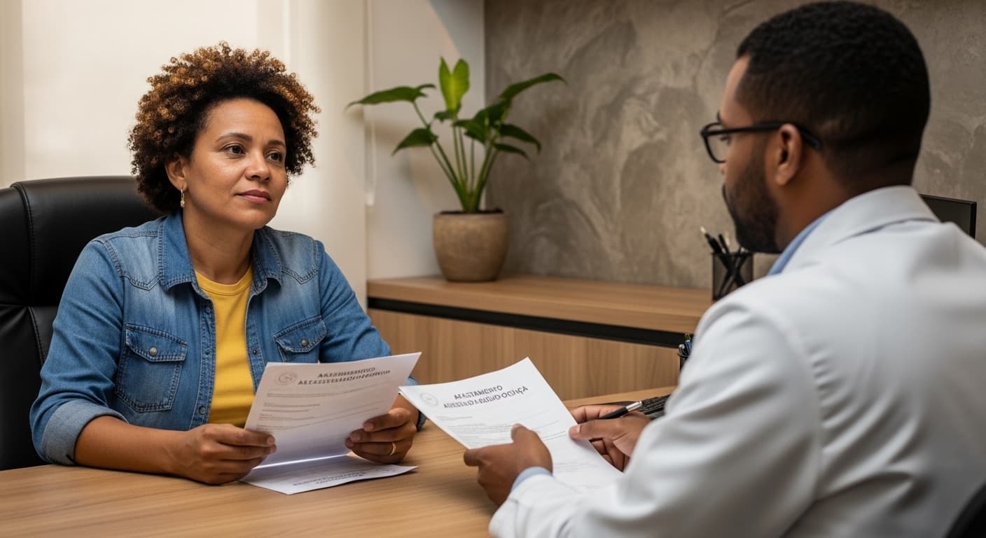Psiquiatra acolhe paciente em consulta e analisa atestado para afastamento pelo INSS. Psiquiatra acolhe paciente em consulta e analisa atestado para afastamento pelo INSS.