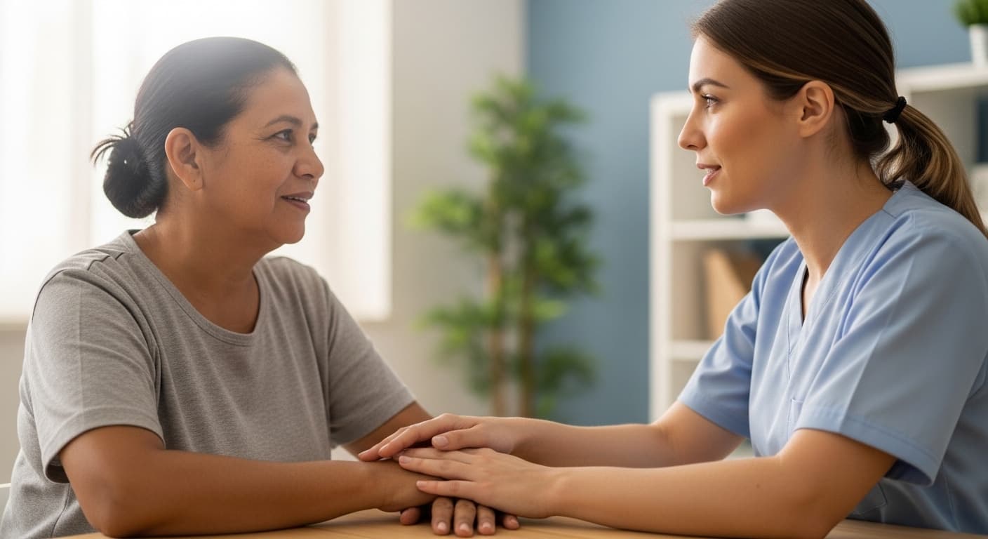 Trabalhadora conversa com terapeuta ocupacional do INSS durante avaliação de reabilitação profissional para nova função. Trabalhadora conversa com terapeuta ocupacional do INSS durante avaliação de reabilitação profissional para nova função.