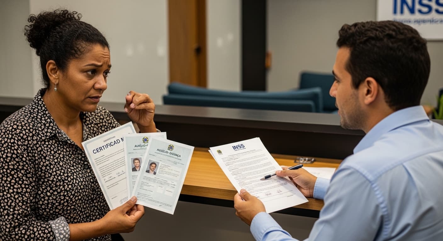 Trabalhador com dois empregos segura atestado médico e conversa com atendente do INSS sobre auxílio-doença e dois vínculos. Trabalhador com dois empregos segura atestado médico e conversa com atendente do INSS sobre auxílio-doença e dois vínculos.