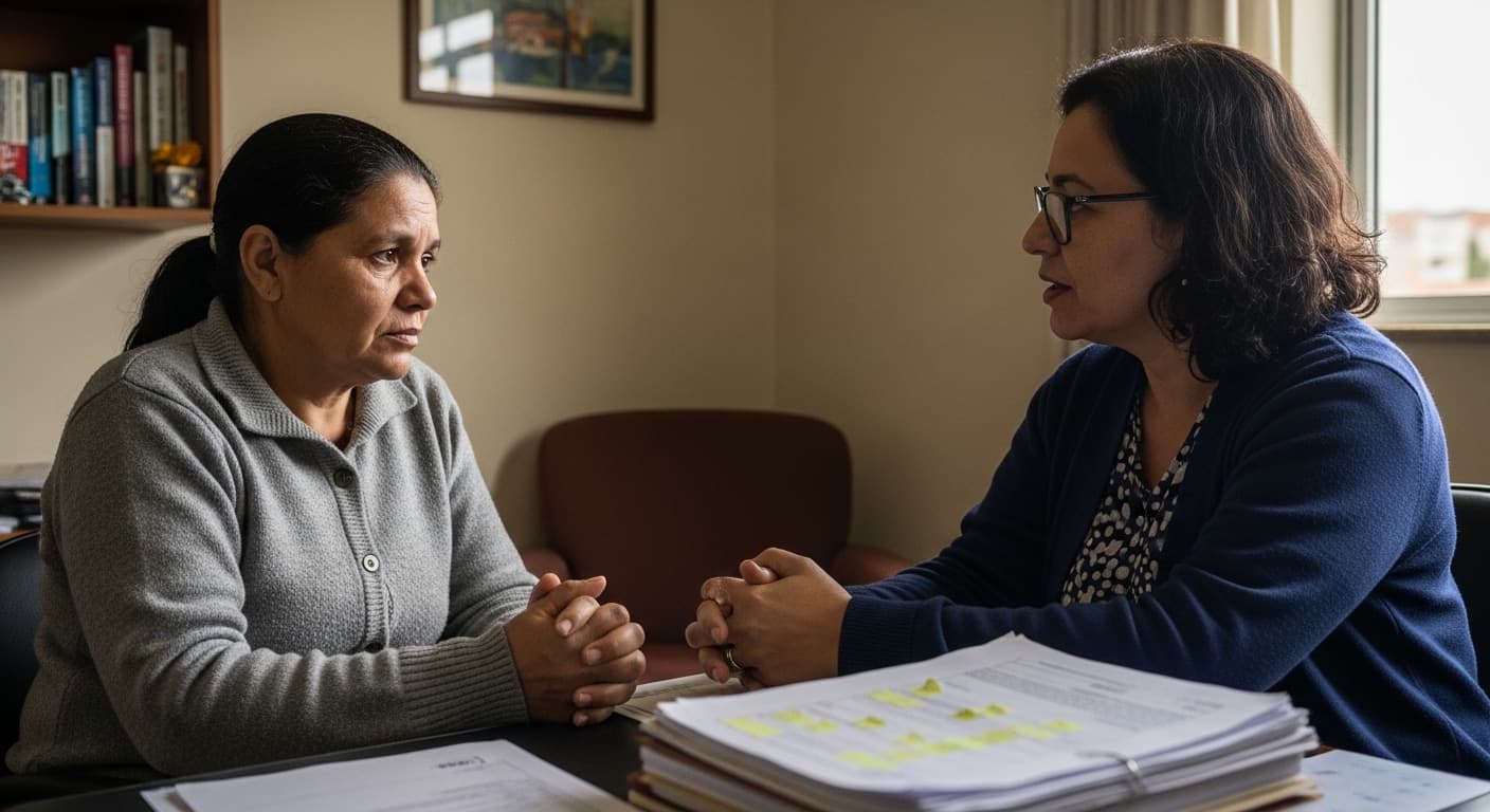 Mulher parda demonstra sinais de ansiedade durante consulta com psiquiatra em consultório, para perícia do INSS. Mulher parda demonstra sinais de ansiedade durante consulta com psiquiatra em consultório, para perícia do INSS.
