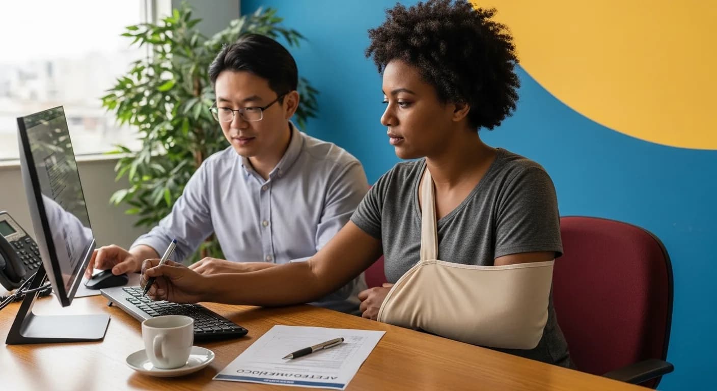 Trabalhador com o braço imobilizado preenche a CAT no computador enquanto uma colega do RH o orienta na empresa. Trabalhador com o braço imobilizado preenche a CAT no computador enquanto uma colega do RH o orienta na empresa.