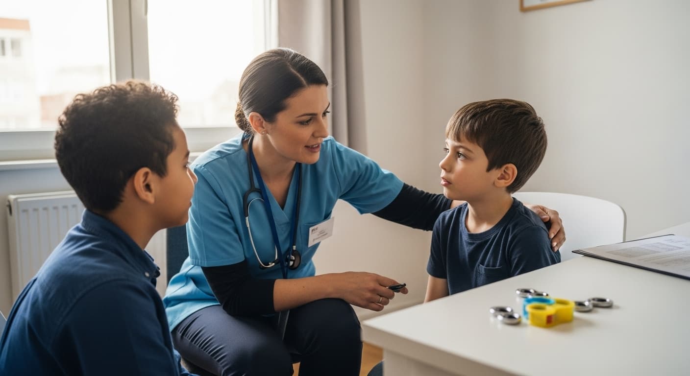 Assistente social conversando com menino com TDAH sobre o benefício BPC-LOAS. Assistente social conversando com menino com TDAH sobre o benefício BPC-LOAS.