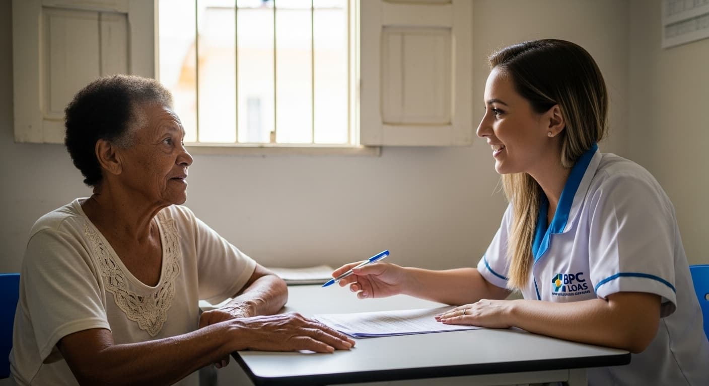 Assistente social auxiliando idosa com artrite reumatoide na solicitação do BPC Loas. Assistente social auxiliando idosa com artrite reumatoide na solicitação do BPC Loas.