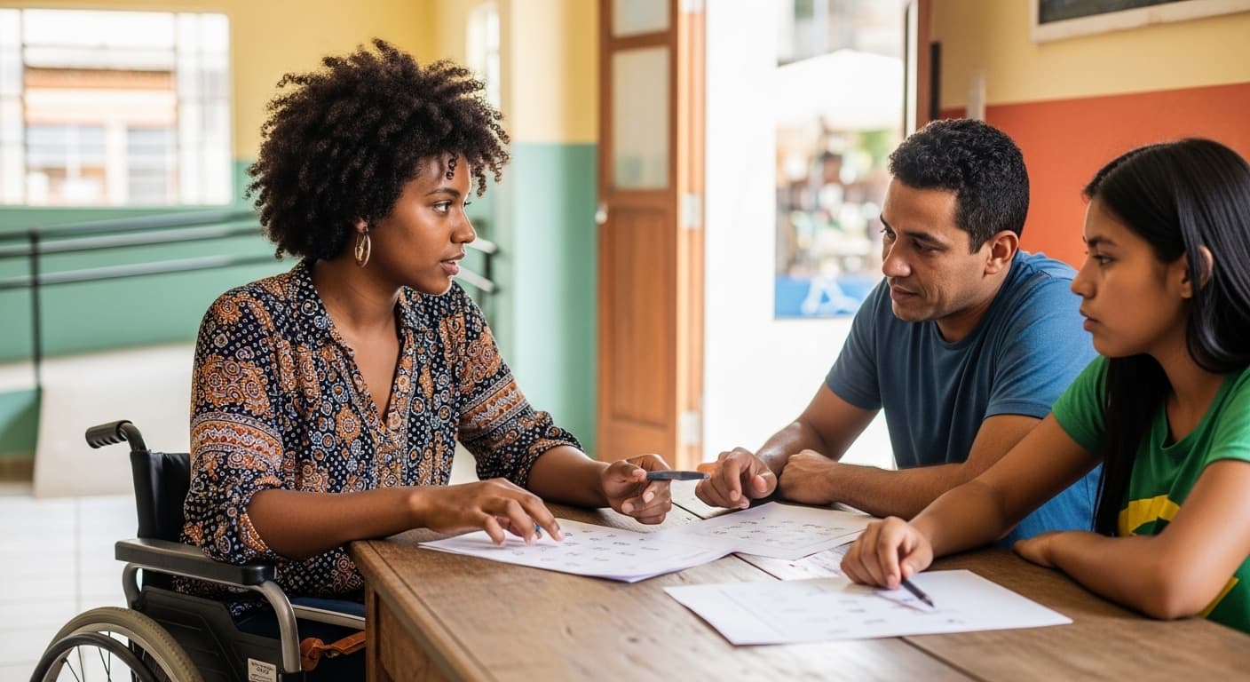Mulher cadeirante brasileira em discussão colaborativa com colegas em centro comunitário acessível. Mulher cadeirante brasileira em discussão colaborativa com colegas em centro comunitário acessível.