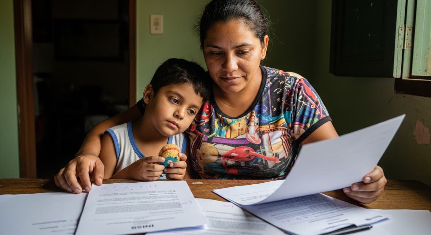 Mãe parda revisa carta de indeferimento do INSS ao lado do filho com deficiência em casa simples. Mãe parda revisa carta de indeferimento do INSS ao lado do filho com deficiência em casa simples.
