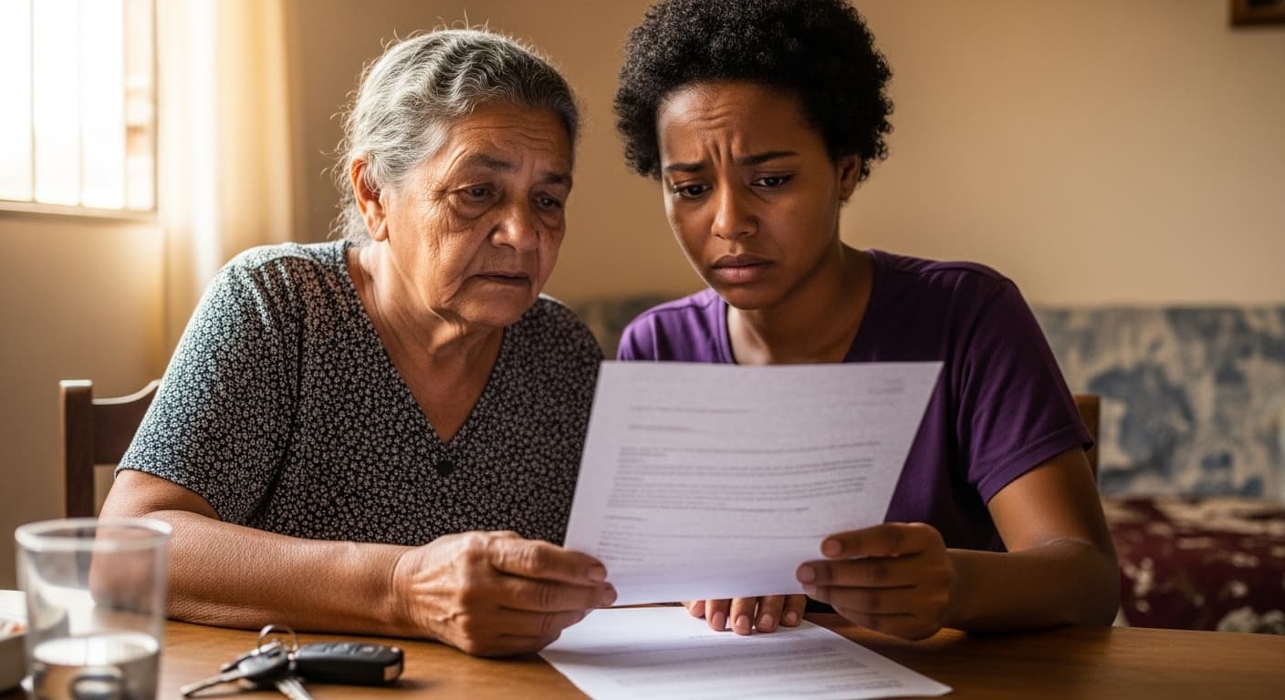 Senhora idosa e atendente analisam uma carta de indeferimento do BPC sobre a mesa, com a chave de um carro ao lado Senhora idosa e atendente analisam uma carta de indeferimento do BPC sobre a mesa, com a chave de um carro ao lado