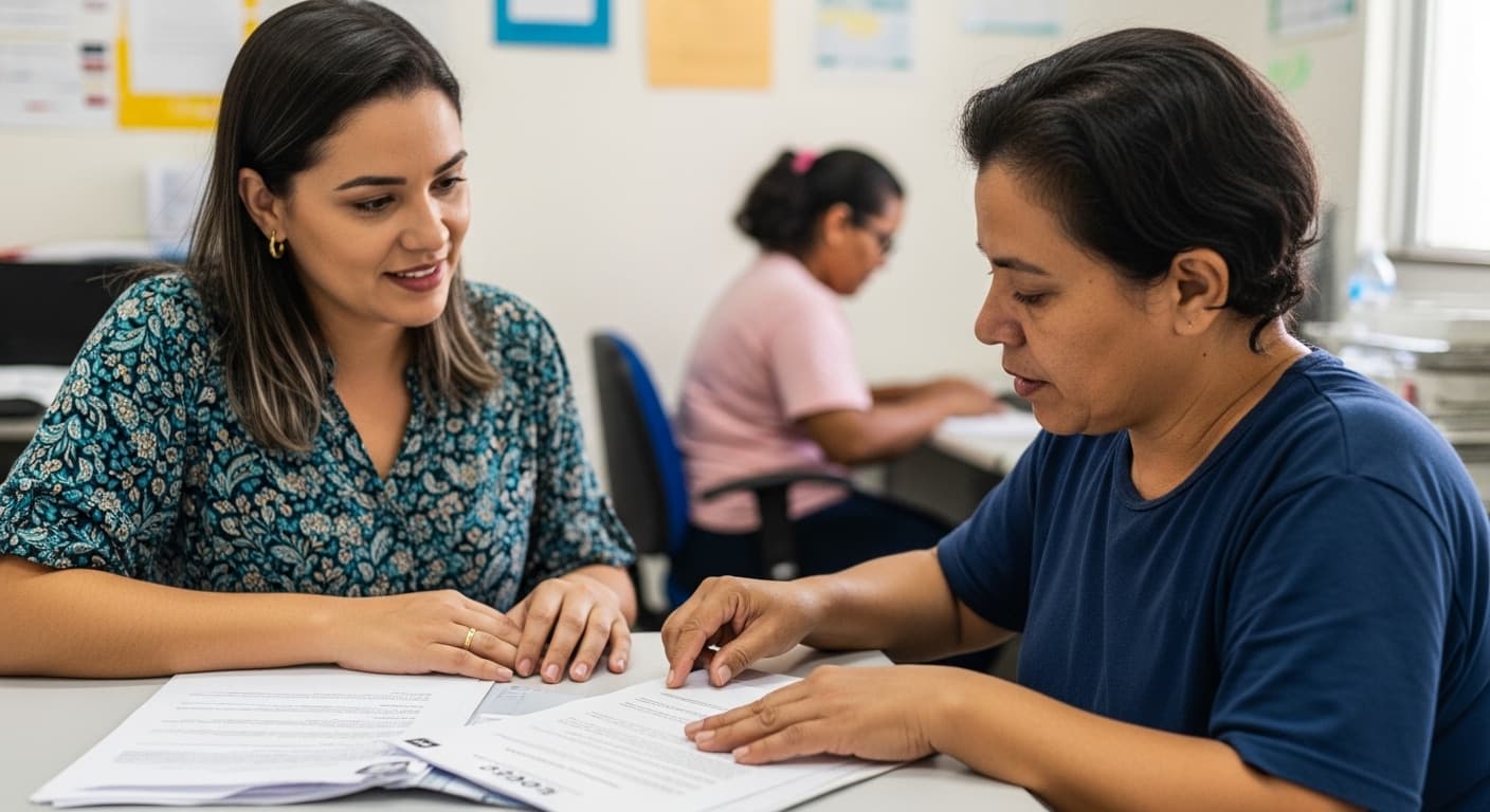 Assistente social orientando pessoa com deficiência sobre BPC e Auxílio-Doença no escritório INSS 2026 Assistente social orientando pessoa com deficiência sobre BPC e Auxílio-Doença no escritório INSS 2026