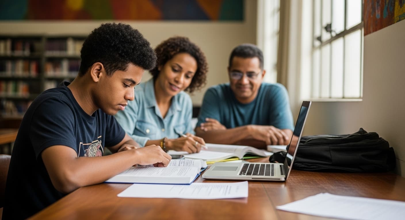 Estudante brasileira jovem estudando em sala de aula universitária com colegas ao redor. Estudante brasileira jovem estudando em sala de aula universitária com colegas ao redor.