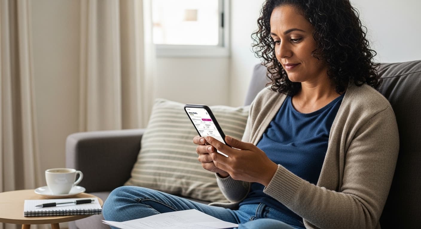 Mulher consulta no celular o andamento do pedido de BPC pelo aplicativo Meu INSS, mostrando tela com o status do processo em análise. Mulher consulta no celular o andamento do pedido de BPC pelo aplicativo Meu INSS, mostrando tela com o status do processo em análise.