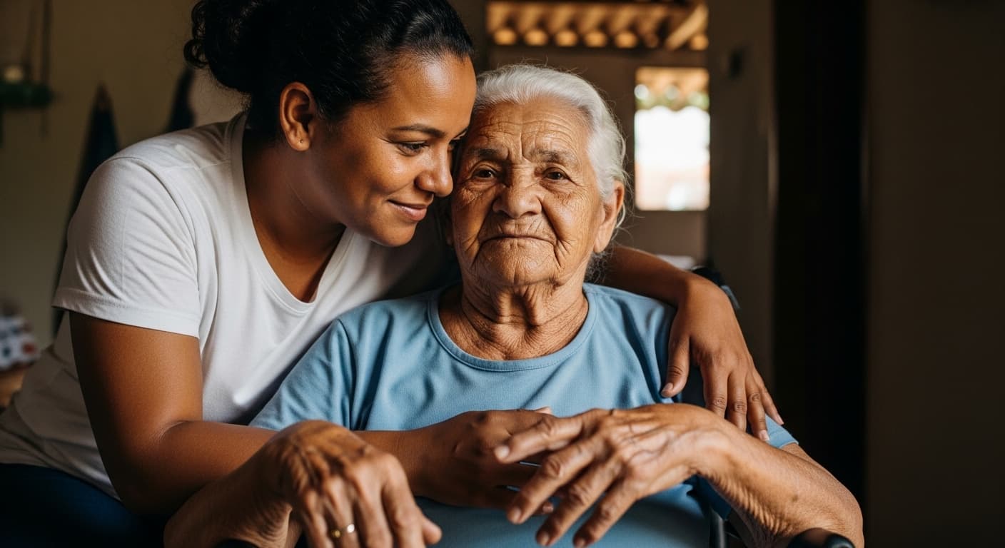 Filha adulta acolhe a mãe idosa de cabelos brancos em casa, em clima de cuidado e apoio familiar. Filha adulta acolhe a mãe idosa de cabelos brancos em casa, em clima de cuidado e apoio familiar.