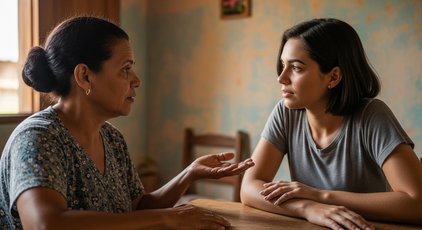Mulher recém-diagnosticada com doença grave conversa com uma familiar que a acolhe na sala de casa. Mulher recém-diagnosticada com doença grave conversa com uma familiar que a acolhe na sala de casa.