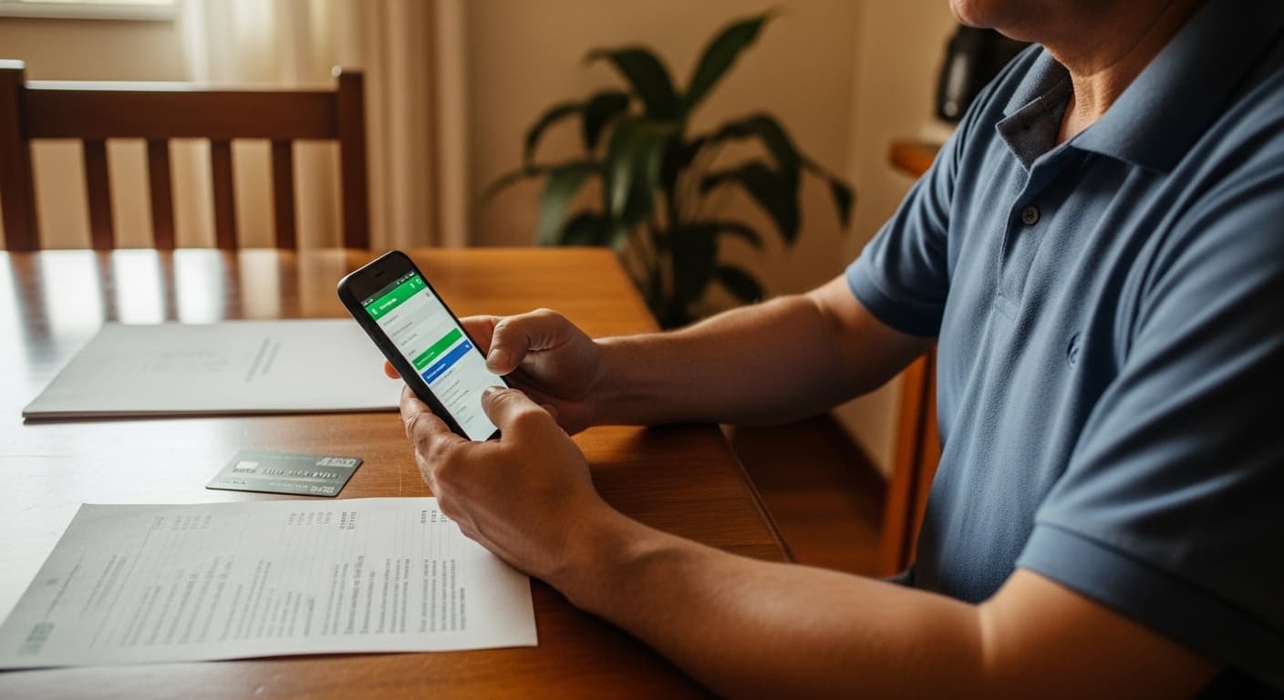 Idoso usa aplicativo Meu INSS no celular em casa para alterar a conta bancária onde recebe o BPC, com tela do banco aberta ao lado. Idoso usa aplicativo Meu INSS no celular em casa para alterar a conta bancária onde recebe o BPC, com tela do banco aberta ao lado.