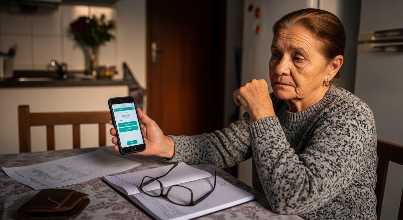 Idosa preocupada verifica saldo da conta no celular sem encontrar o depósito do BPC no dia esperado, com o aplicativo Meu INSS aberto na outra mão. Idosa preocupada verifica saldo da conta no celular sem encontrar o depósito do BPC no dia esperado, com o aplicativo Meu INSS aberto na outra mão.