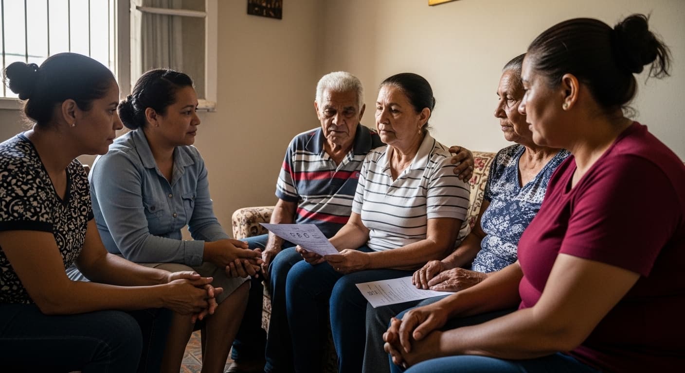 Família brasileira de três gerações reunida na sala de casa conversa sobre documentos do BPC. Família brasileira de três gerações reunida na sala de casa conversa sobre documentos do BPC.