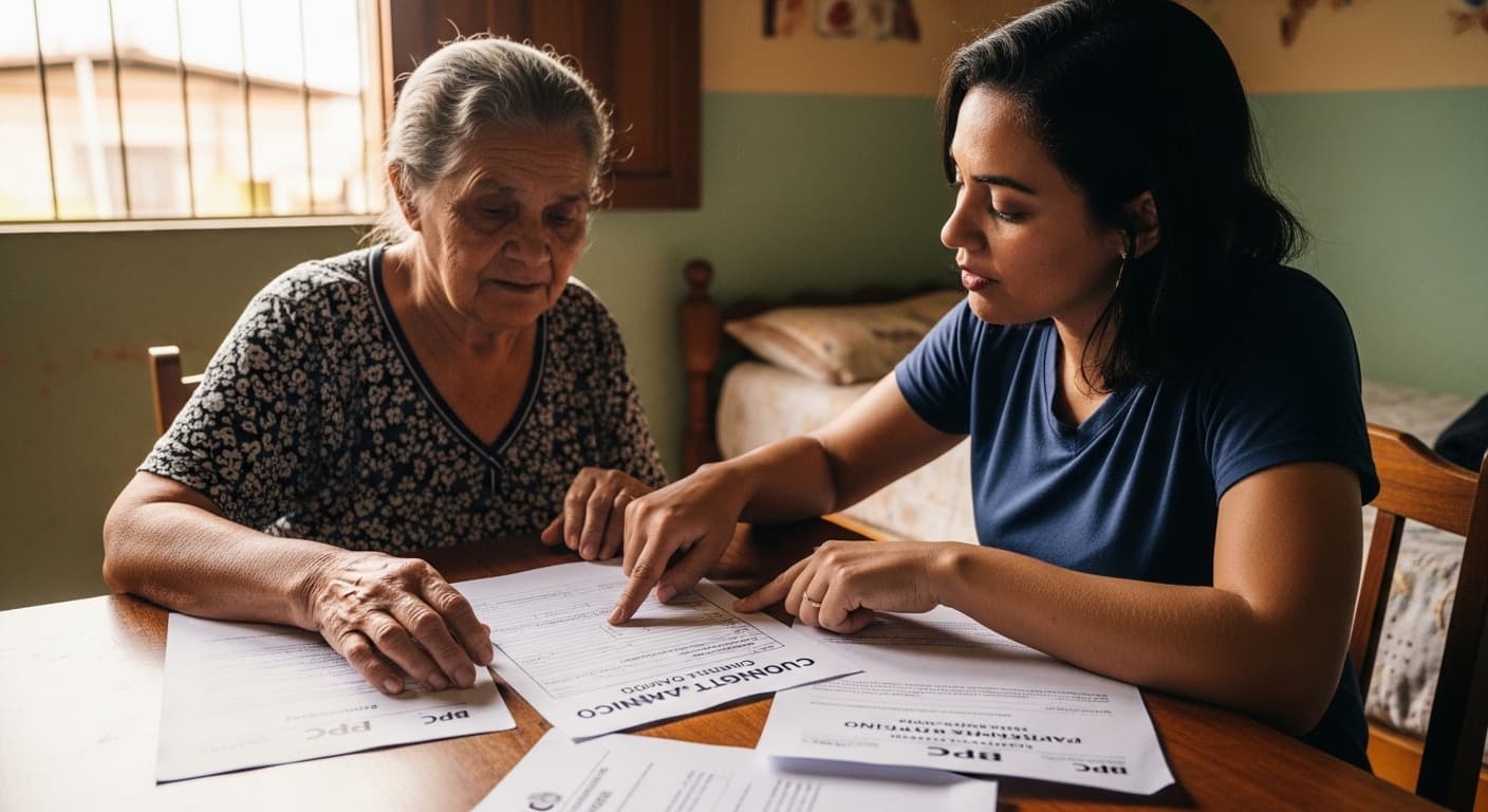 Idosa revisa documentos do BPC com assistente social em casa durante o pente-fino. Idosa revisa documentos do BPC com assistente social em casa durante o pente-fino.