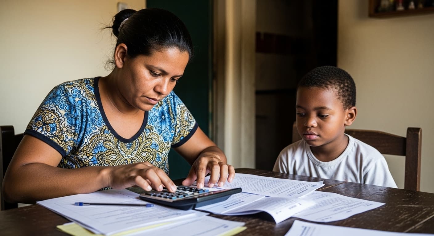 Mãe calcula a renda da família com calculadora e papéis ao lado do filho com deficiência, para pedir o BPC. Mãe calcula a renda da família com calculadora e papéis ao lado do filho com deficiência, para pedir o BPC.