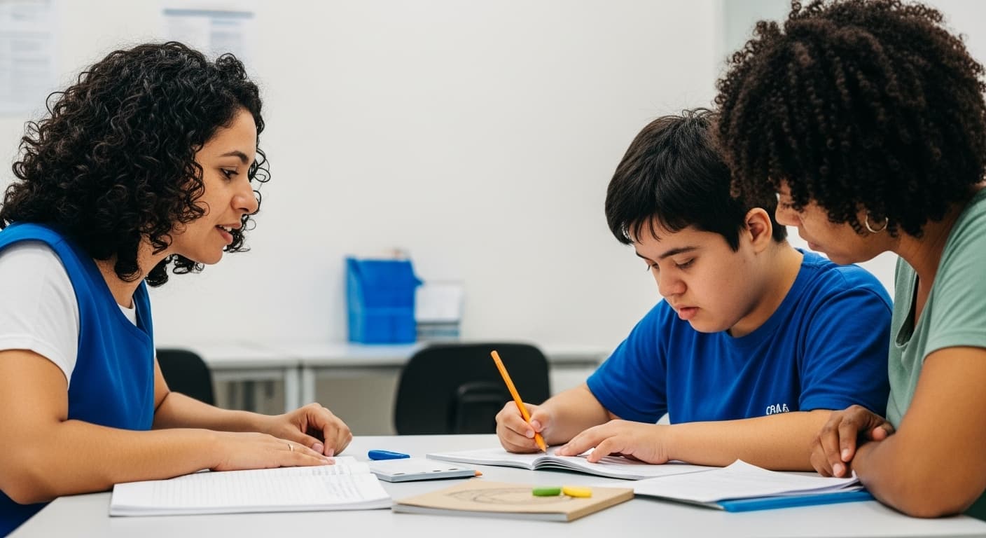 Jovem com deficiência intelectual recebe apoio em centro de assistência social no Brasil. Jovem com deficiência intelectual recebe apoio em centro de assistência social no Brasil.