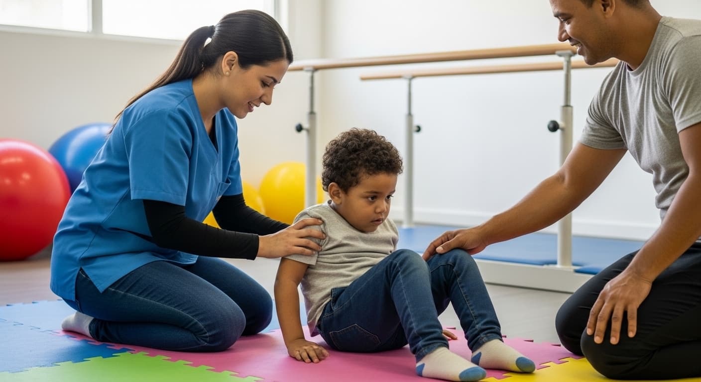 Criança brasileira recebendo fisioterapia com apoio e carinho. Criança brasileira recebendo fisioterapia com apoio e carinho.