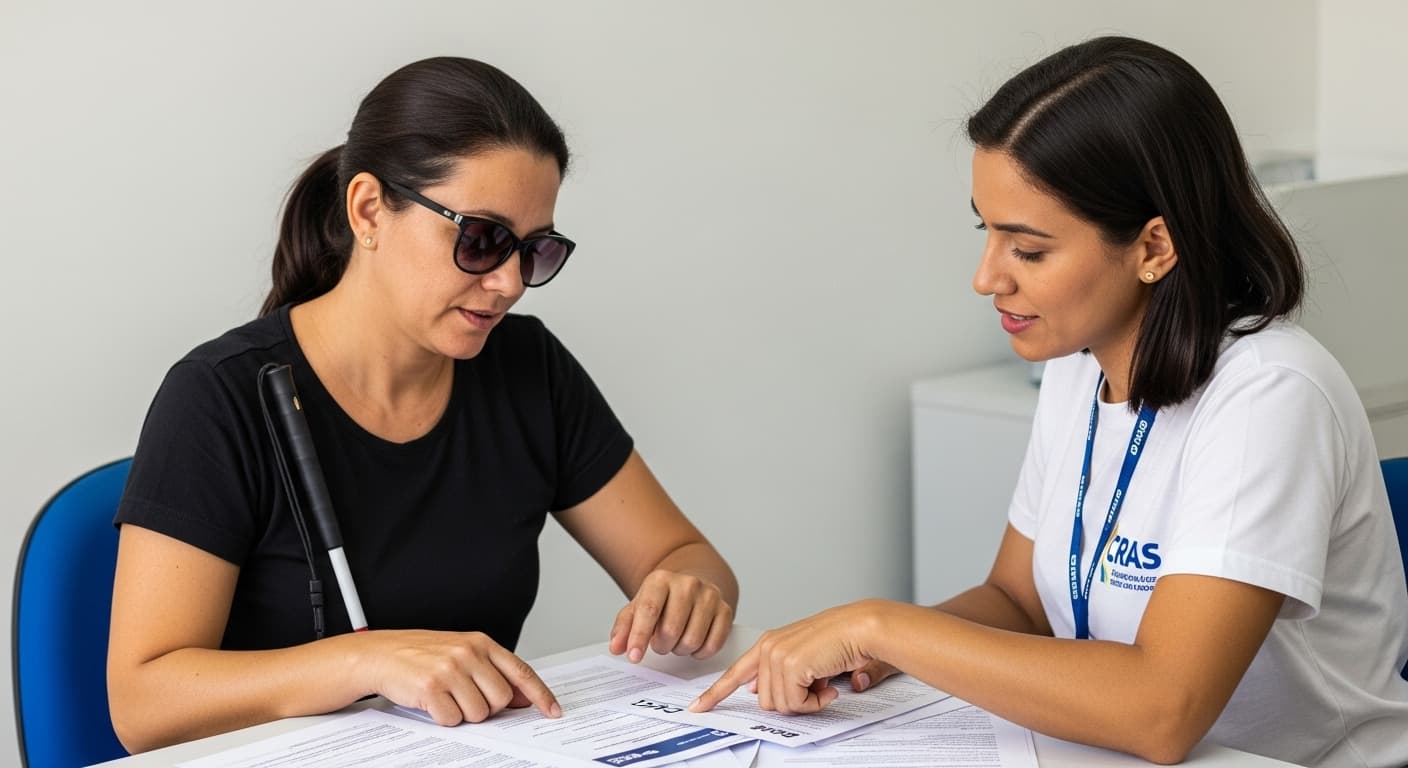 Mulher recebe auxílio em escritório do CRAS para acesso a direitos sociais. Mulher recebe auxílio em escritório do CRAS para acesso a direitos sociais.