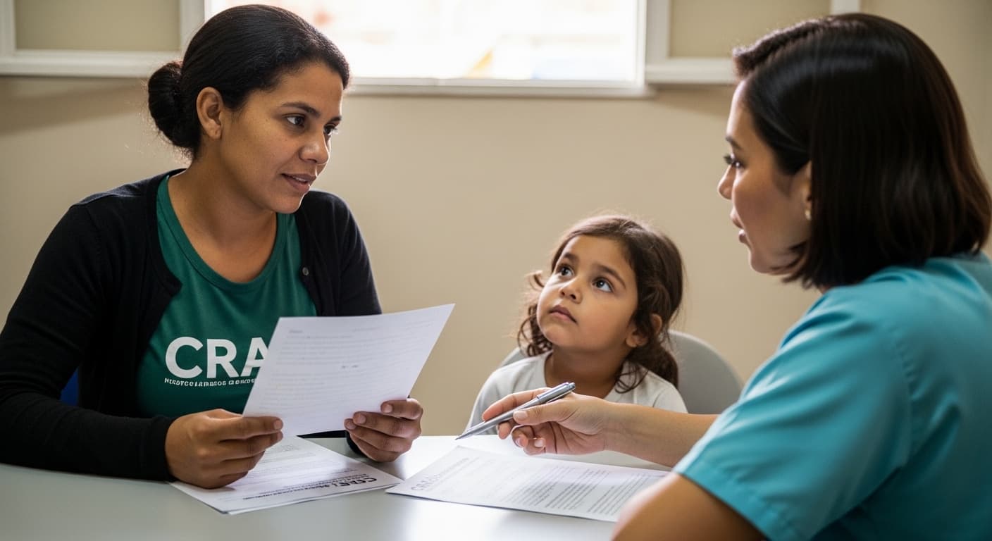 Mãe e filho recebem orientação no CRAS sobre o Minha Casa Minha Vida e o CadÚnico. Mãe e filho recebem orientação no CRAS sobre o Minha Casa Minha Vida e o CadÚnico.