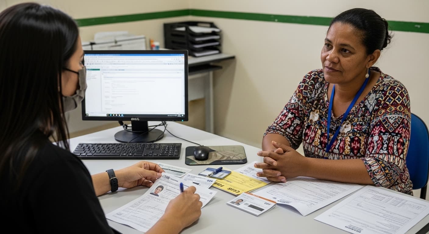 Mulher é atendida por assistente social no CRAS para atualizar o CadÚnico vencido, com documentos sobre a mesa. Mulher é atendida por assistente social no CRAS para atualizar o CadÚnico vencido, com documentos sobre a mesa.