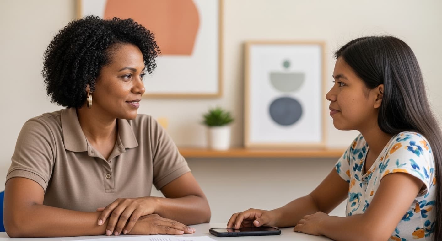 Mãe consulta o número do NIS no celular enquanto é orientada por assistente social no CRAS. Mãe consulta o número do NIS no celular enquanto é orientada por assistente social no CRAS.