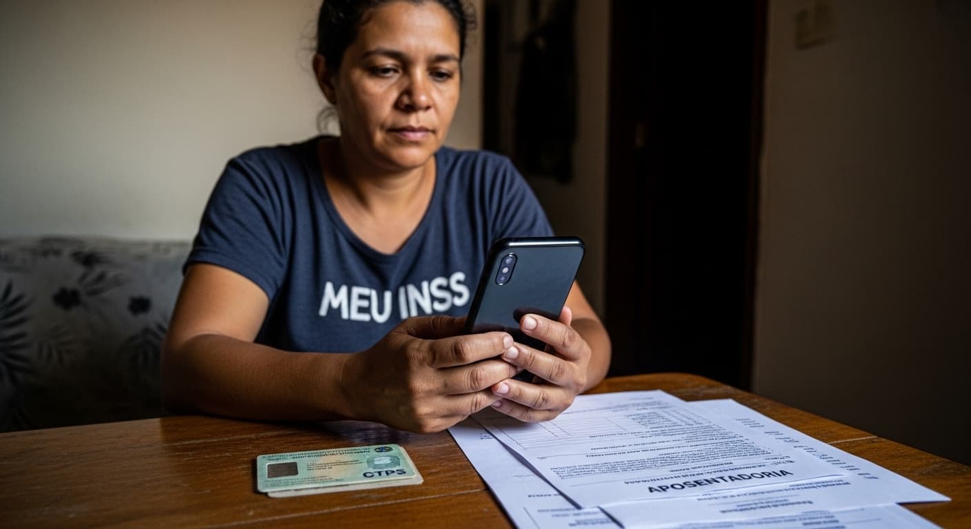 Mulher parda consulta o extrato CNIS no app Meu INSS em casa, com a carteira de trabalho e papéis sobre a mesa. Mulher parda consulta o extrato CNIS no app Meu INSS em casa, com a carteira de trabalho e papéis sobre a mesa.