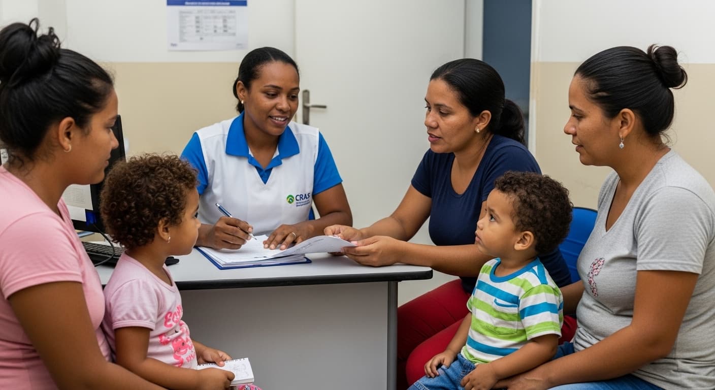 Assistente social atende mãe e dois filhos no CRAS para inscrição no CadÚnico. Assistente social atende mãe e dois filhos no CRAS para inscrição no CadÚnico.
