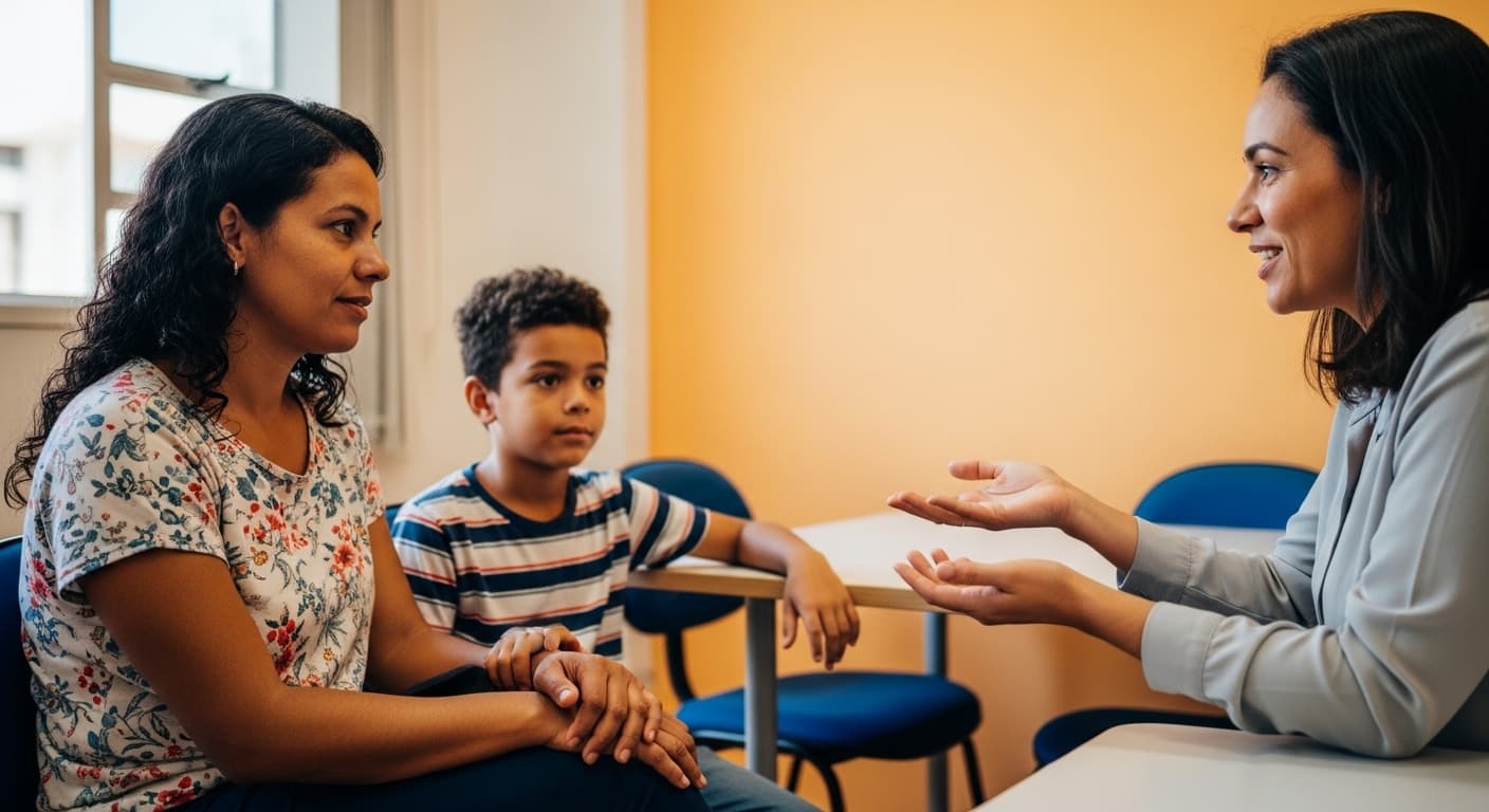 Mãe é atendida no CRAS para atualizar o CadÚnico da família após mudança de renda. Mãe é atendida no CRAS para atualizar o CadÚnico da família após mudança de renda.