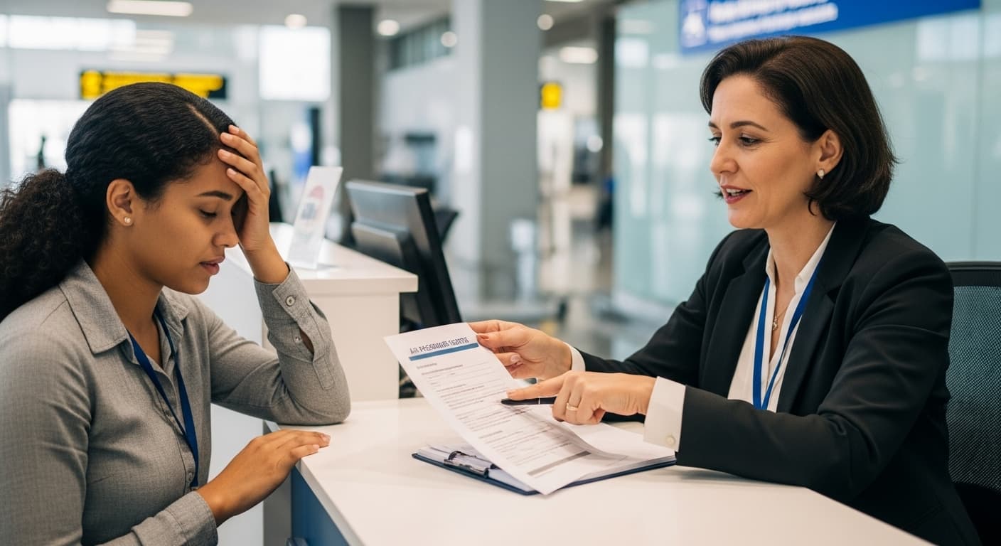 Advogada auxiliando passageira sobre direitos aéreos em aeroporto brasileiro. Advogada auxiliando passageira sobre direitos aéreos em aeroporto brasileiro.