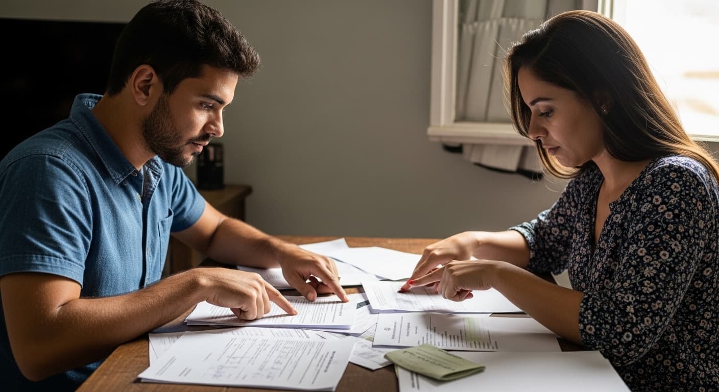 Casal jovem organiza documentos sobre a mesa para comprovar a união estável e a pensão por morte Casal jovem organiza documentos sobre a mesa para comprovar a união estável e a pensão por morte
