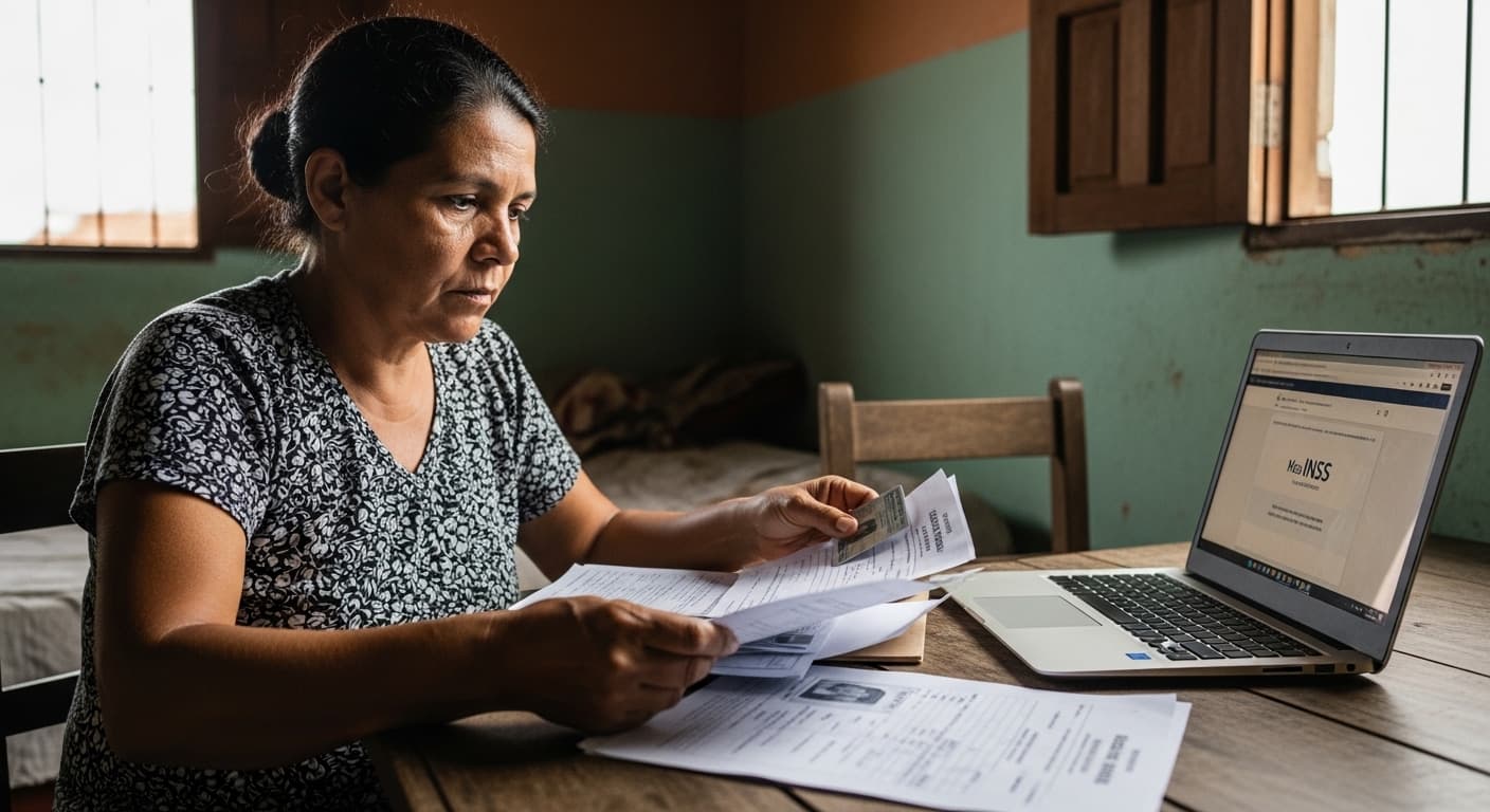 Mulher reúne documentos e certidão de óbito diante do notebook para pedir pensão por morte no Meu INSS. Mulher reúne documentos e certidão de óbito diante do notebook para pedir pensão por morte no Meu INSS.