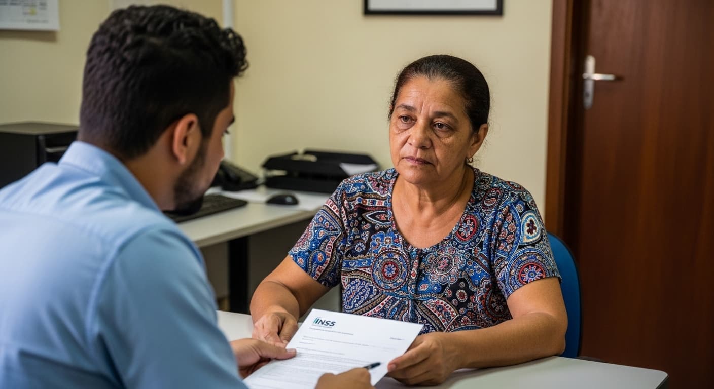 Atendente do INSS orienta mulher separada que reúne comprovantes de transferências bancárias do ex-cônjuge. Atendente do INSS orienta mulher separada que reúne comprovantes de transferências bancárias do ex-cônjuge.