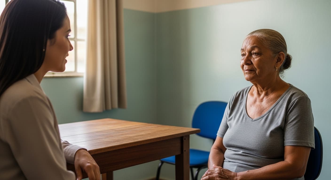 Viúva mais velha conversa com atendente em sala reservada de orientação previdenciária. Viúva mais velha conversa com atendente em sala reservada de orientação previdenciária.