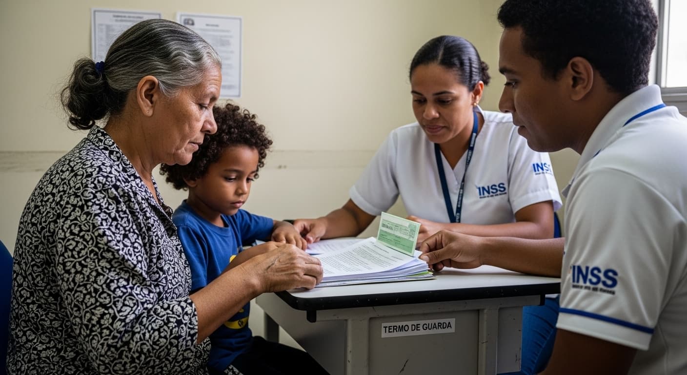 Avó organiza termo de guarda do neto em sala de atendimento do INSS, com atendente ao fundo. Avó organiza termo de guarda do neto em sala de atendimento do INSS, com atendente ao fundo.