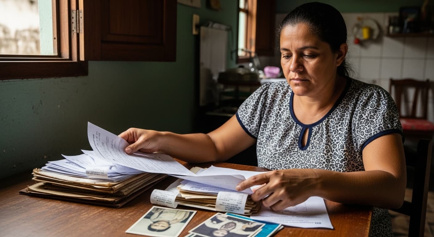 Filha adulta reúne documentos da mãe falecida na mesa da cozinha, com expressão pensativa. Filha adulta reúne documentos da mãe falecida na mesa da cozinha, com expressão pensativa.