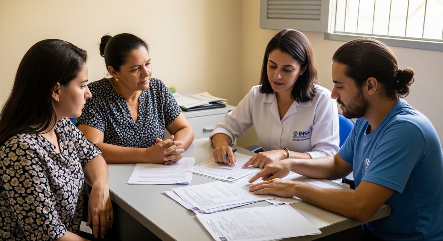 Assistente social orienta viúva e filha sobre pensão por morte e aposentadoria em agência do INSS. Assistente social orienta viúva e filha sobre pensão por morte e aposentadoria em agência do INSS.