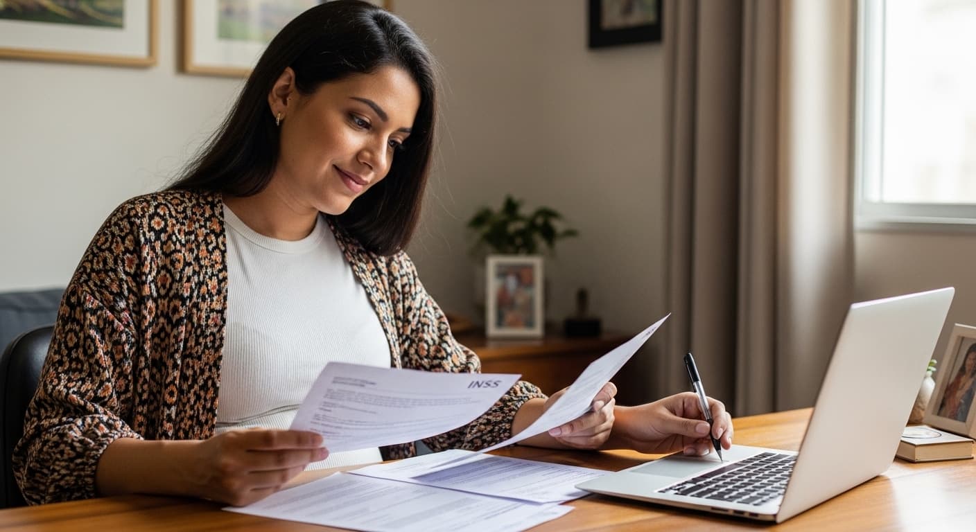 Gestante revisa documentos do INSS e preenche o requerimento de salário-maternidade no notebook em casa. Gestante revisa documentos do INSS e preenche o requerimento de salário-maternidade no notebook em casa.
